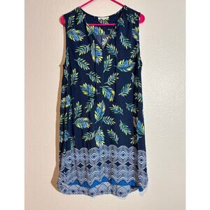 Beach Lunch Lounge Size L Boho Beach Mixed Print Leaf Blue Green Shift Dress